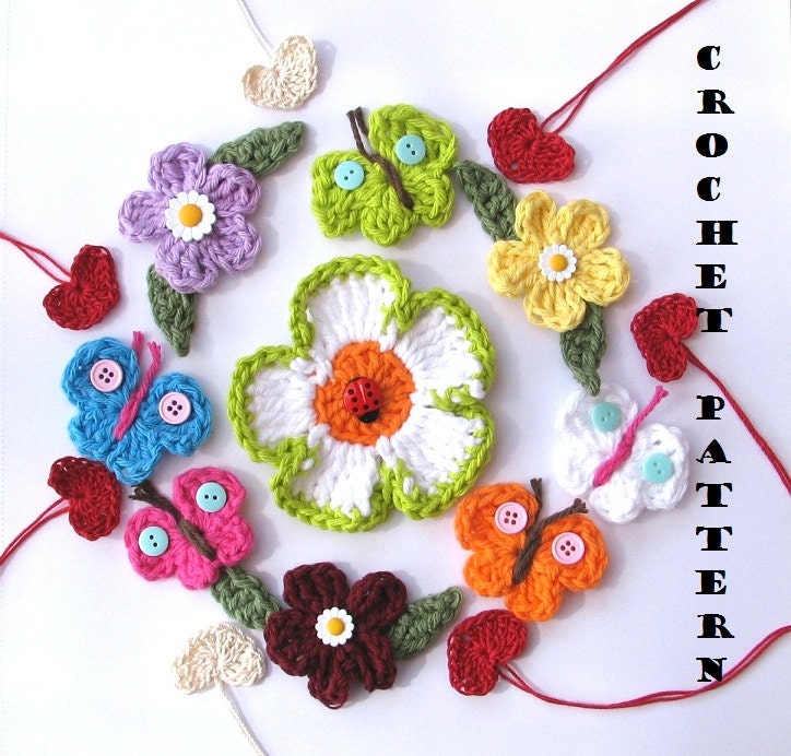 Crochet Pattern Appliques, Flowers, Heart, Butterfly, Easy, Great for Beginners, 5 applique motif patterns in one, Pattern No. 1