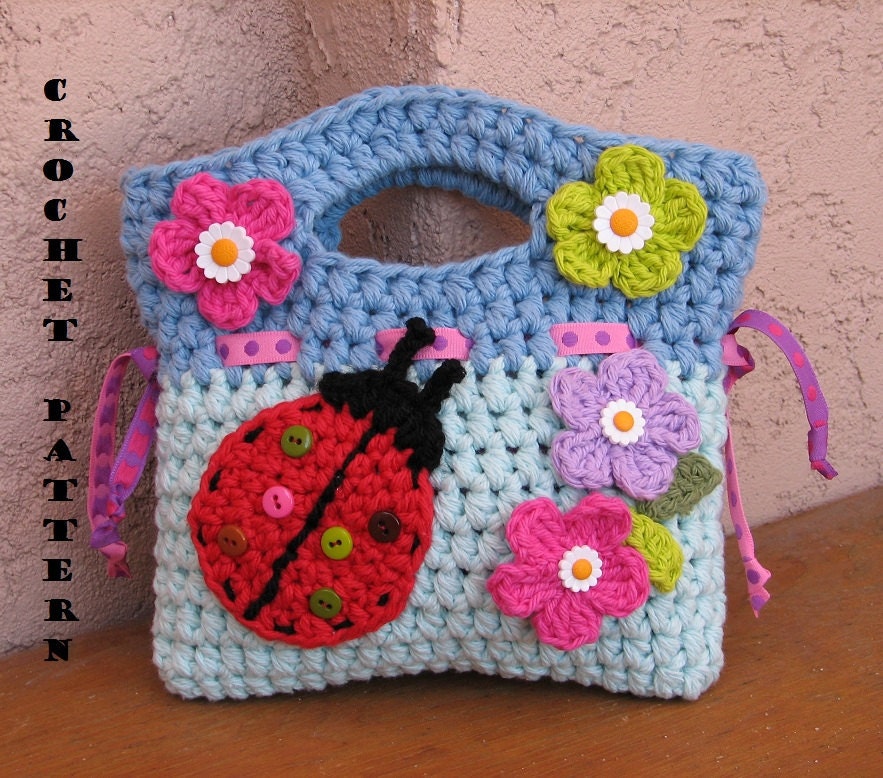 Girls Bag / Purse with Ladybug and Flowers , Crochet Pattern PDF,Easy, Great for Beginners, Pattern No. 17