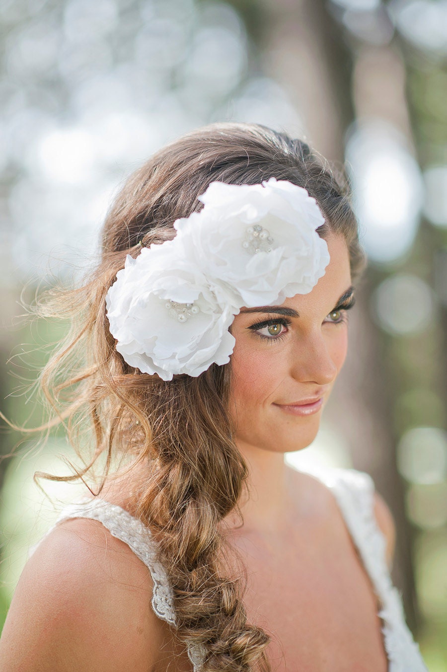 Bridal Hand Made Silk Flower Headpiece - Dupion Silk Flower Pair- Pearl/Swarovski Crystal Centre - Made to Order