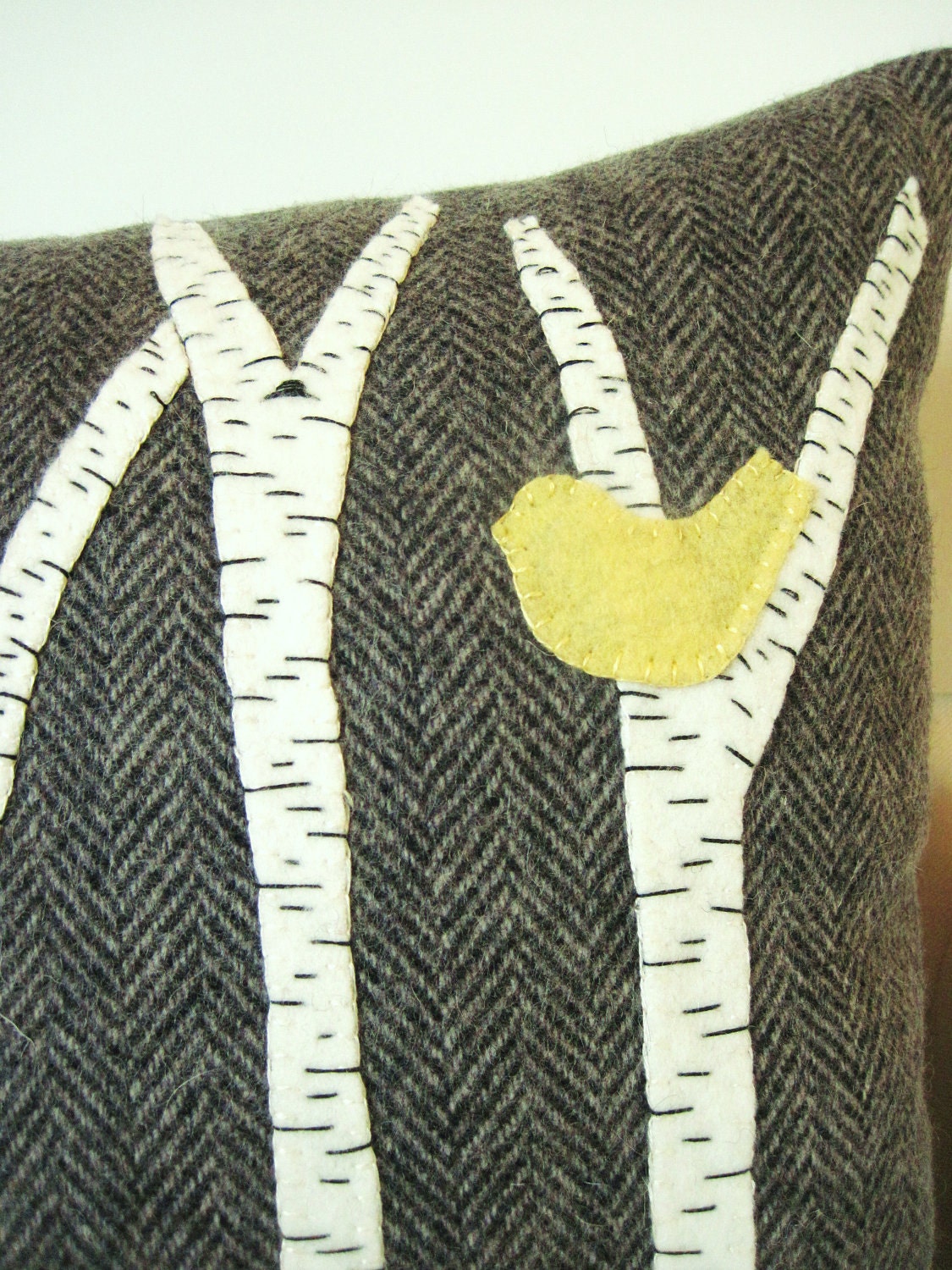 Decorative Pillow / Wool Fabric Applique / Wool Pillow / Cabin / Birch Trees / Yellow Bird