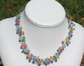 Dark pink  fushia AB yellow blue purple orange crystal silver wire crocheted necklace for formal, prom, bridesmaids