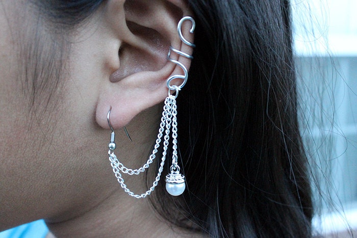 Silver Pearl Drop Ear Cuff Earring