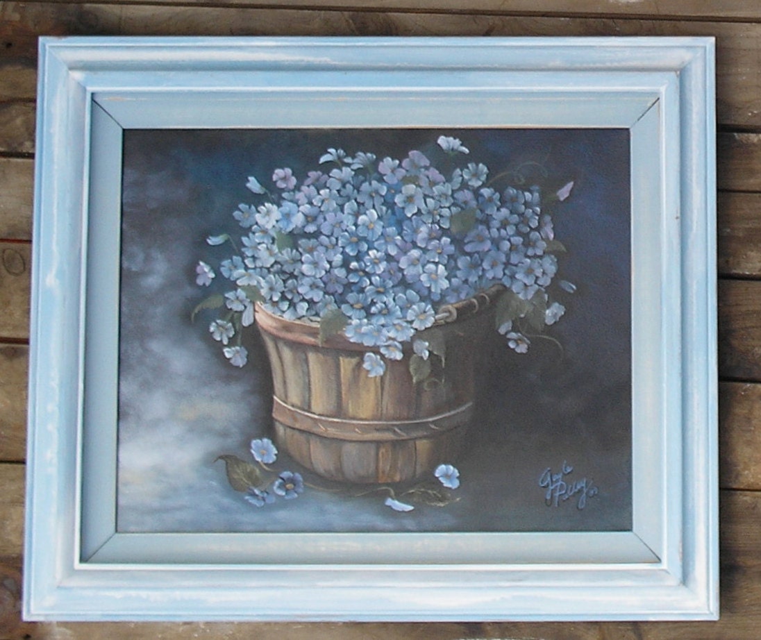 Vintage Oil Painting Floral with Blue Wild Flowers in Bushel Basket Shabby Chic