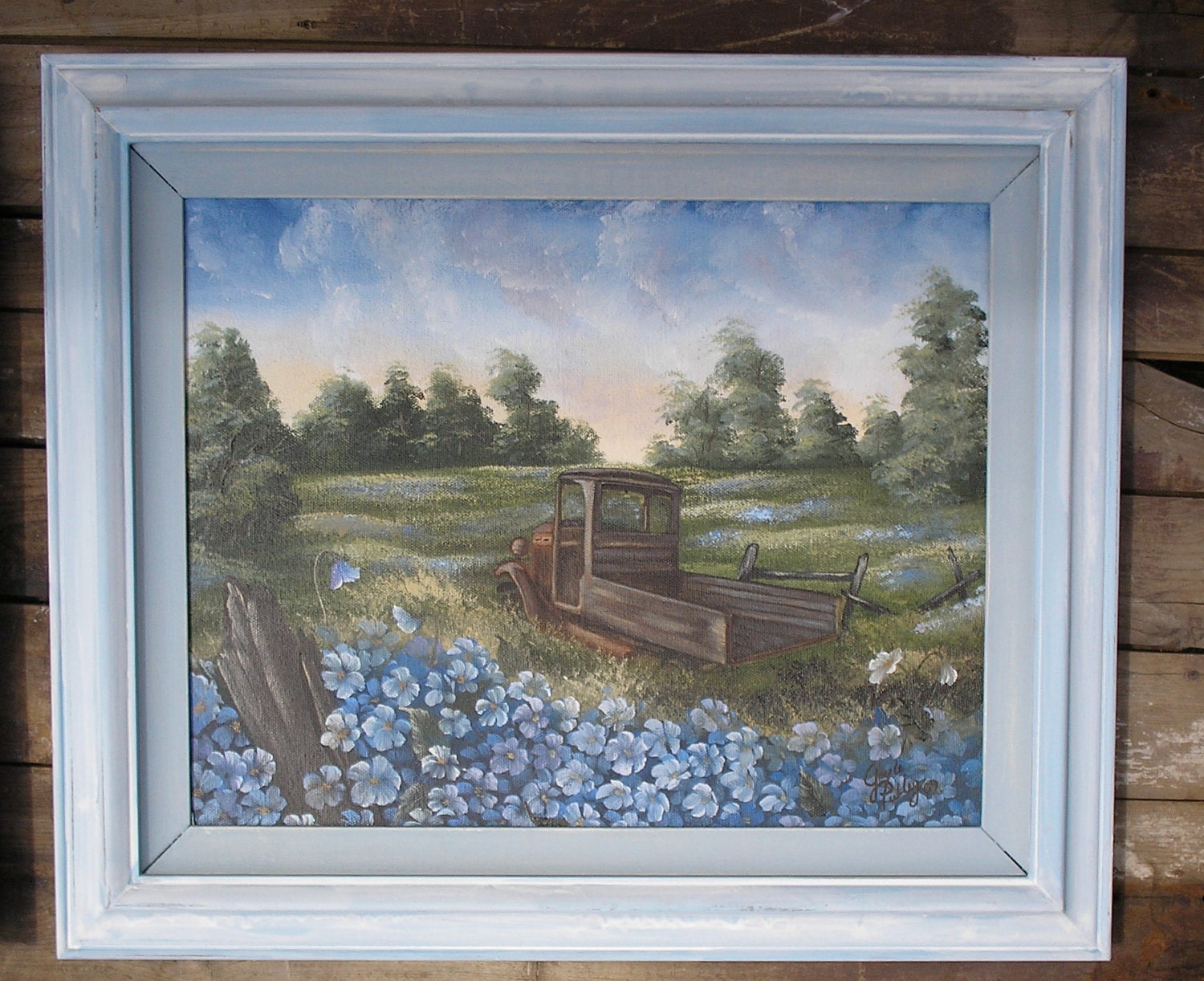 Vintage Oil Painting Blue Floral with Old Truck and Wild Flowers Cottage Shabby Chic