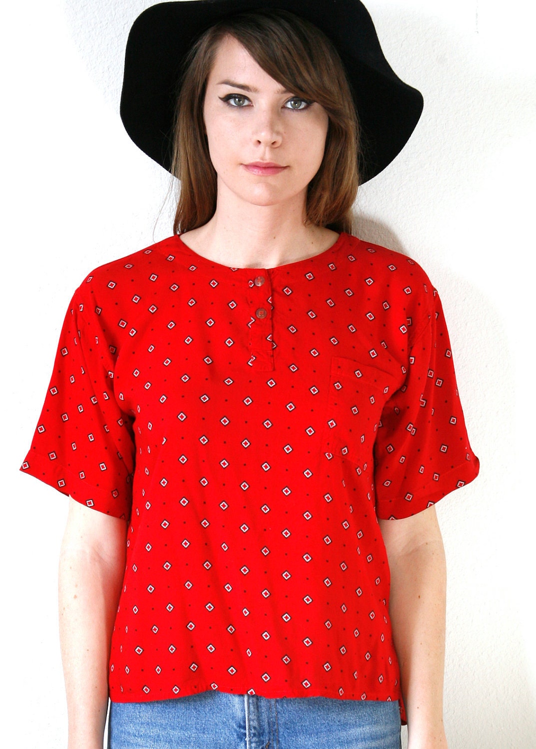RESERVED 30% OFF SALE Red SouthWest Pattern Shortsleeve Blouse Medium Large