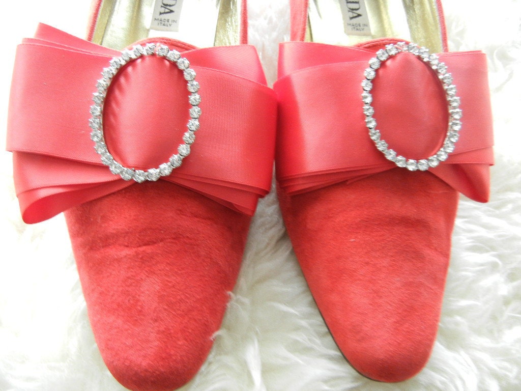 Escada Red Leather Suede Shoes with Huge Bow & Crystal Round Buckle