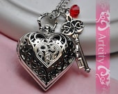 Loving Heart Locket Pocket Watch Necklace with loving key and red crystal