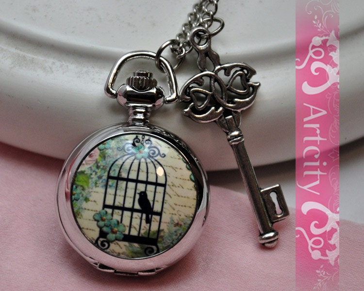Birdcage locket pendant pocket watch necklace with a loving Key