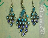 Elegant vintage style Peacock Jewelry, Peacock Necklace and Peacock Earrings Set, Blue and purple Crystals feather