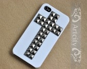 Cross Gunmetal pyramid stud White IPHONE 4/4S case, Hard Case Cover ----for Apple iPhone 4 Case, iPhone 4s Case, iPhone 4 Hard Case