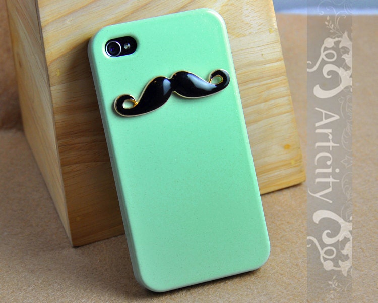 Black Mustache Light Green Iphone 4 Case, Iphone 4S case, Hard case, For Iphone 4, Iphone 4s