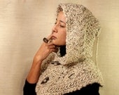 Rustic Knit Hooded Cape Cable Knit Hoodie Ivory Brown  Crochet Hood Scarf  Chunky Knit Hoodie Pixie Hat Hood Cowl By Lightist
