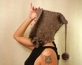 Rustic Charcoal Hand Knit Hat Ear Flap Beanie Knit Pixie Hat Hood Crochet Hat Scoodie Elf Hat Wool Alpaca Wood Buttons Winter Accessories