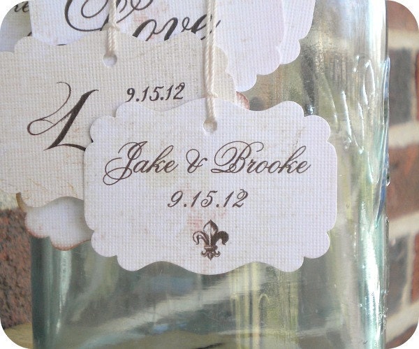 Personalized Name & Date Wedding Shower Favor Tags - Vintage - Cottage Chic - Fleur de Lis - Set of 12 -  Escort Cards Cupcake Toppers