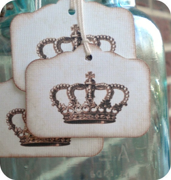 Vintage Inspired Crown Tags - French Cottage Chic - Set of 10 - Weddings, Escort Cards, Cupcake Toppers, Showers, Favors