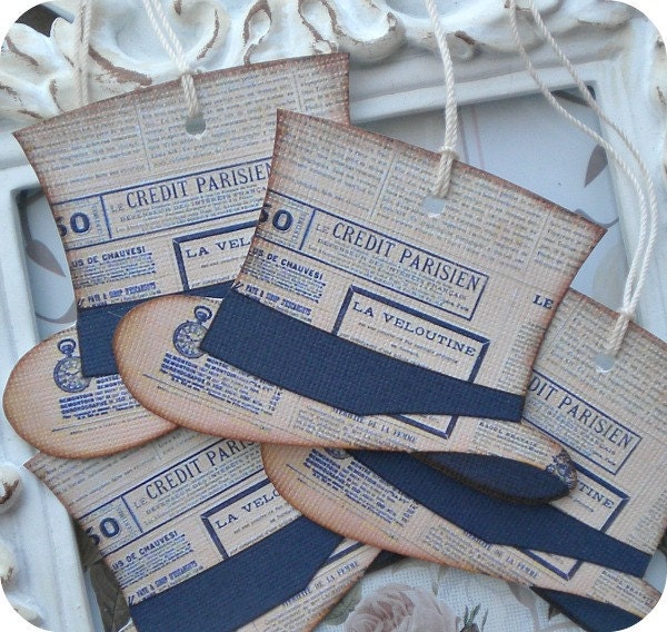 French Paris Hat Tags for the Groom- Cottage Chic - Vintage Inspired - Set of 8  - Weddings, Showers,Tags - Cupcake Toppers, Labels, Favor