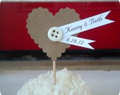 NEW - Personalized Scallop Heart Cupcake Toppers - Rustic / Cottage Shabby Chic / Any Color - Set of 10