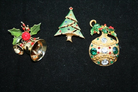 Christmas Pins Holiday Brooches  Bells Christmas Tree Jeweled Ornament Count of Three