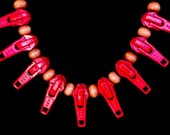 NECKLACE ZIPPER PULLERS Wooden Beads Red Pink Unique Clever Sassy Whimsy Modern UnusualSophisticated Dare to Wear