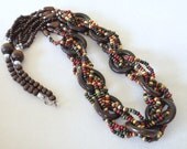 Ethnic Necklace and FREE Earrings Set Rasta Colors Coconut Shell Wooden Beads Multi Color Handmade. Long Necklace Multi Strand. MapenziGems.