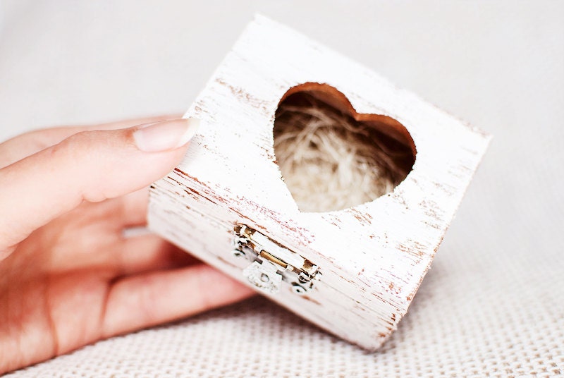 Vintage Style White Ring Bearer Wedding Box -Brown, White, Wooden, Shabby Chic, Organic, Natural, Eco-Friendly - Jewelry Box - LittleWoodyDuck