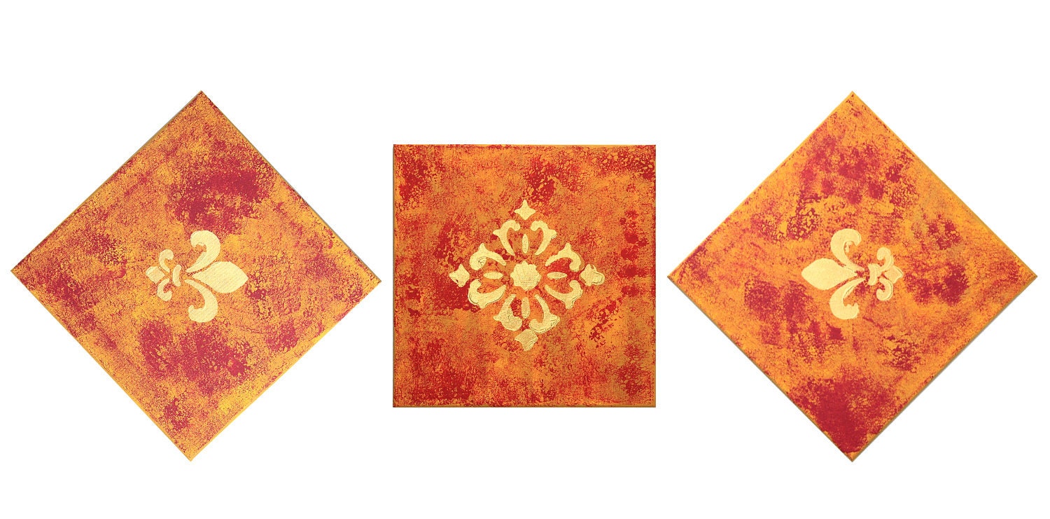 Painting Set - Home Decor India Style Design - Red Orange Burnt Yellow Gold -  Set of three 12 in by 12 in canvases