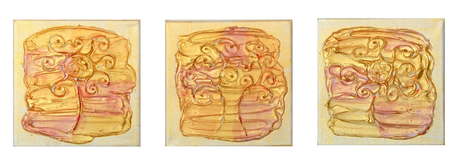 Highly textured tree/flowers with Iridescent Gold over burnt red, orange, & yellow.  Set of three 6 in by 6 in in Acrylic Paintings.