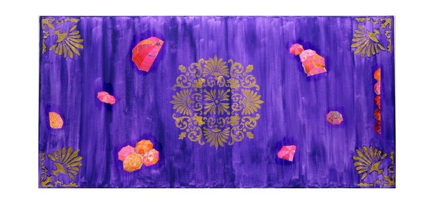 India inspired Mixed Media Original entitled "Royal Colors." 15 in by 30 in with intricate Gold designs & hot pink accents on purple.