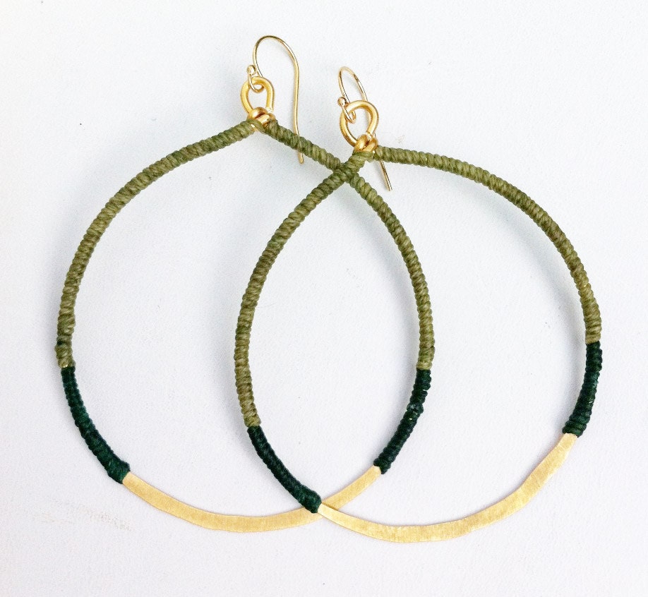 Hammered Brass Hoops in Olive & Emerald