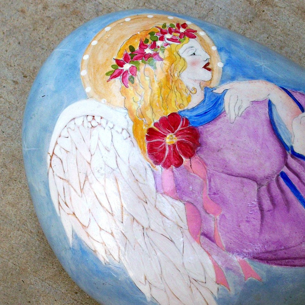 Mixed Media Angel. Original Art. Handpainted Angel. Lavender. Blue. Unique Gifts. Rock