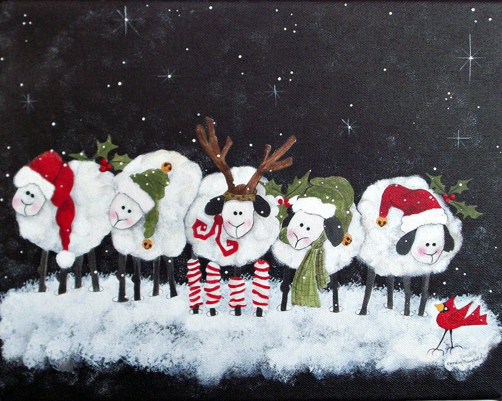 Primitive Christmas Sheep. Whimsical. Handpainted Folk Art. Holiday Home Decor. Canvas Art. 11 x 14