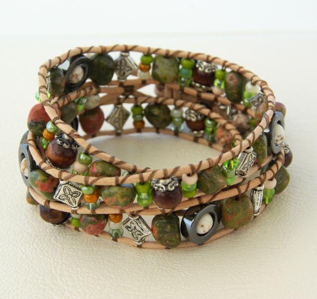 Edelweiss... Leather wrap bracelet... typical Bavarian triple wrap bracelet. Original OceanBead style.