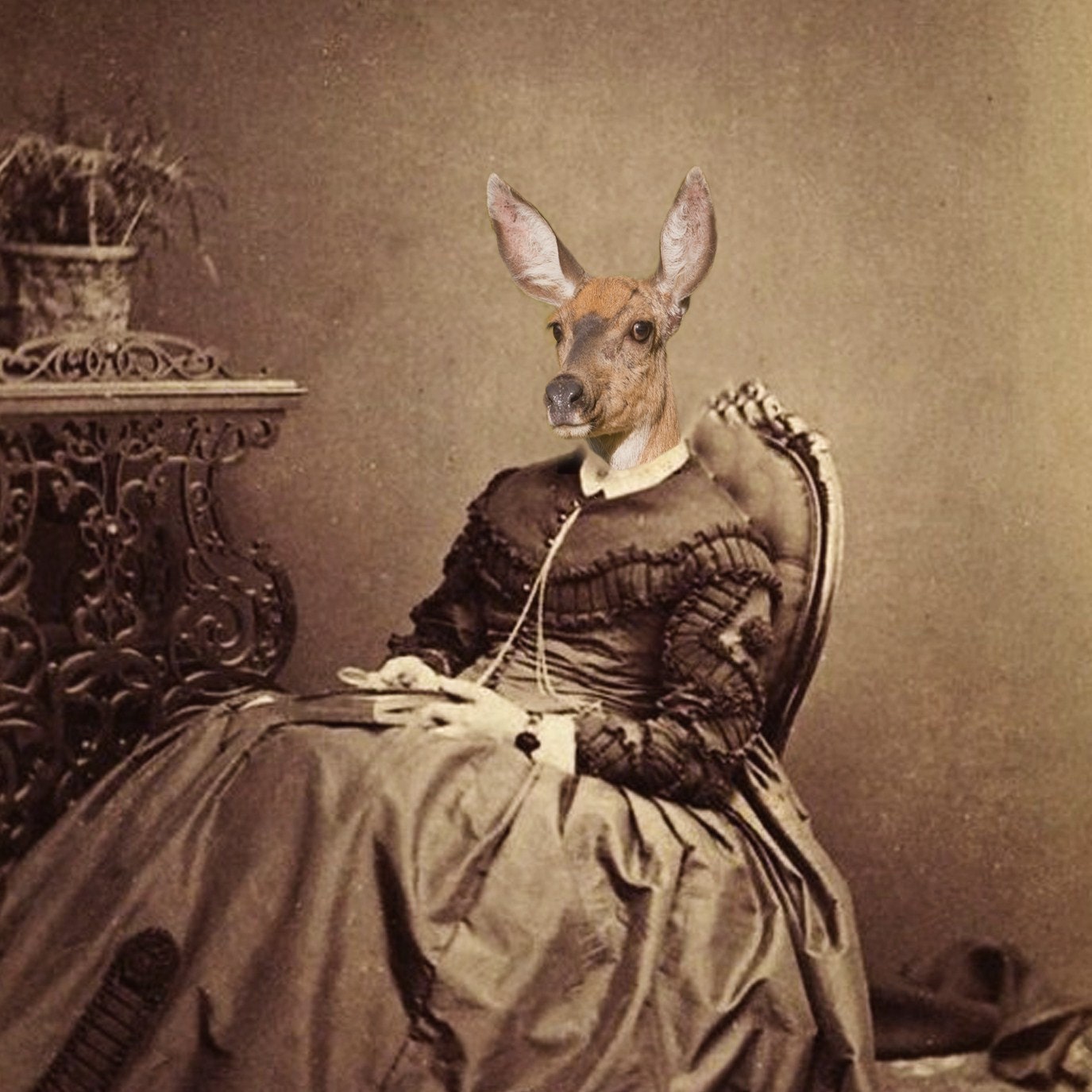Dierdra - Vintage Animal 5x7 Print - Deer - Anthropomorphic - Altered Photo - Photo Collage - Sepia - Animal Print - Gift Idea - Whimsical