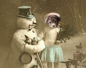 Bridgette's Snowman 5x7 Print - Anthropomorphic - Altered Photo - Christmas Art - Cute Animal - Vintage Dog Print - Snowman - Whimsical Art