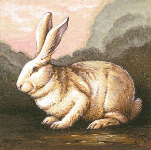 Giclee Print of Original White Rabbit Wood Panel Painting, animal art, 9x9" paper size