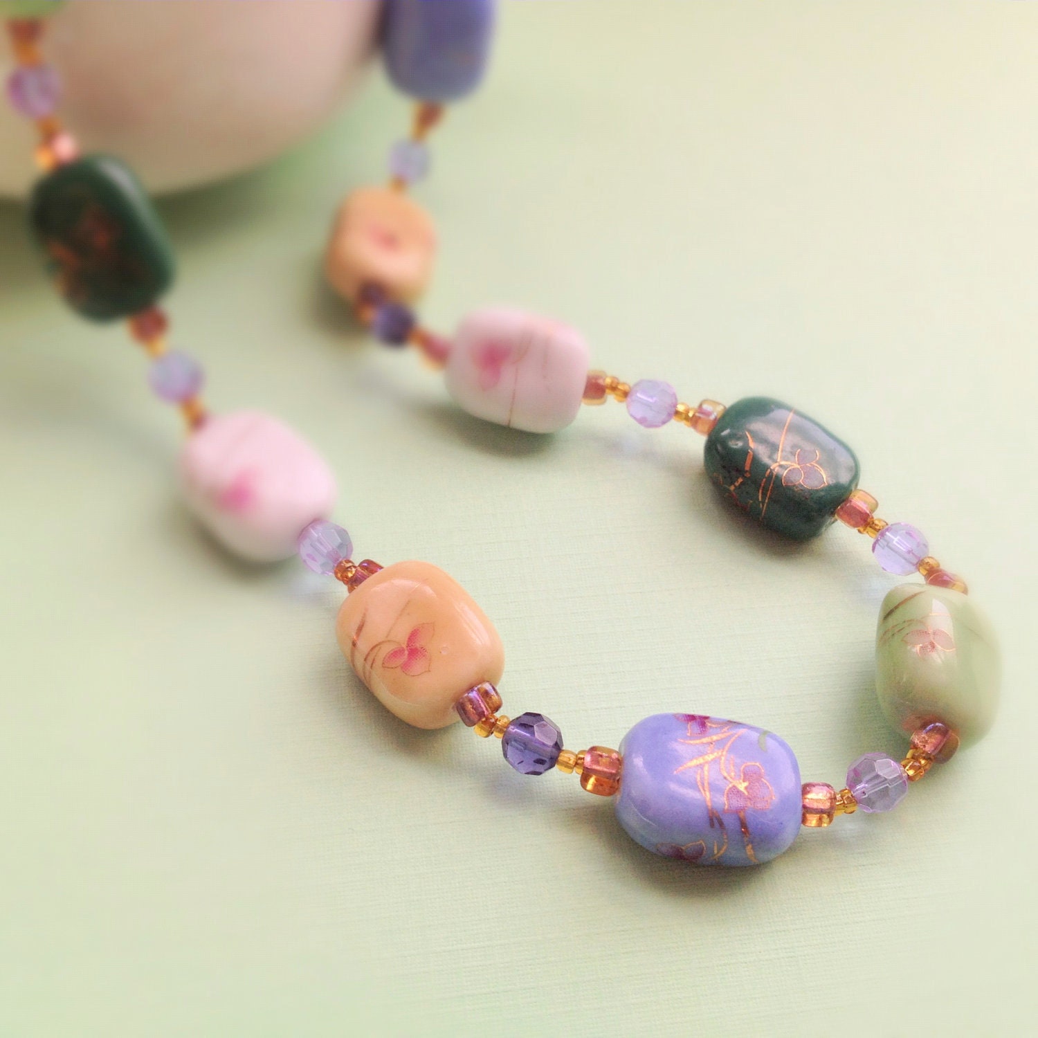 Vintage Hand Painted Ceramic Necklace. Vintage Beads. Glass. Long Necklace. Statement Jewelry. Gold Tone. Yellow. Blue. Green. Woodland.
