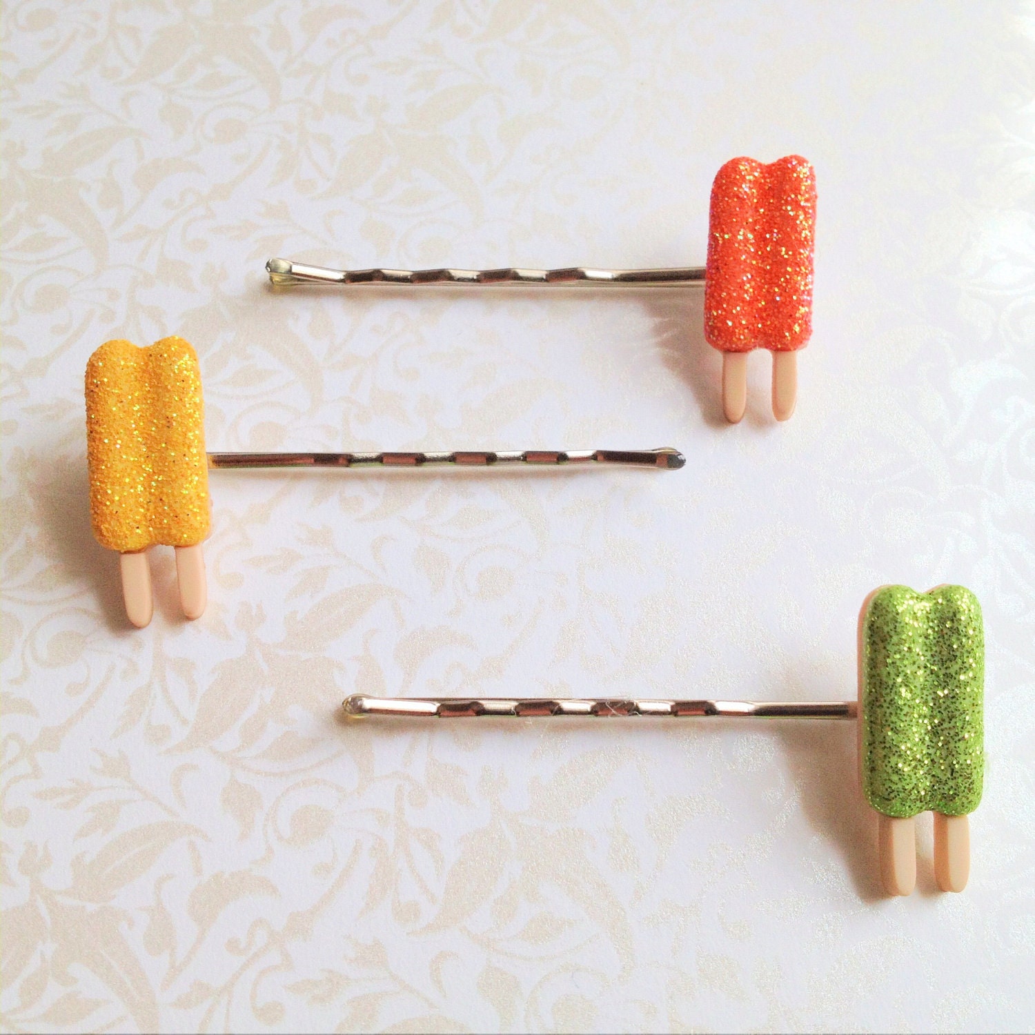 Glitter Popsicle Bobby Pins. Set of Three. Yellow. Orange. Green. Silver Tone Bobbies. Bobby Pins. Hair Accessory. Whimsical. Fun. Summer.