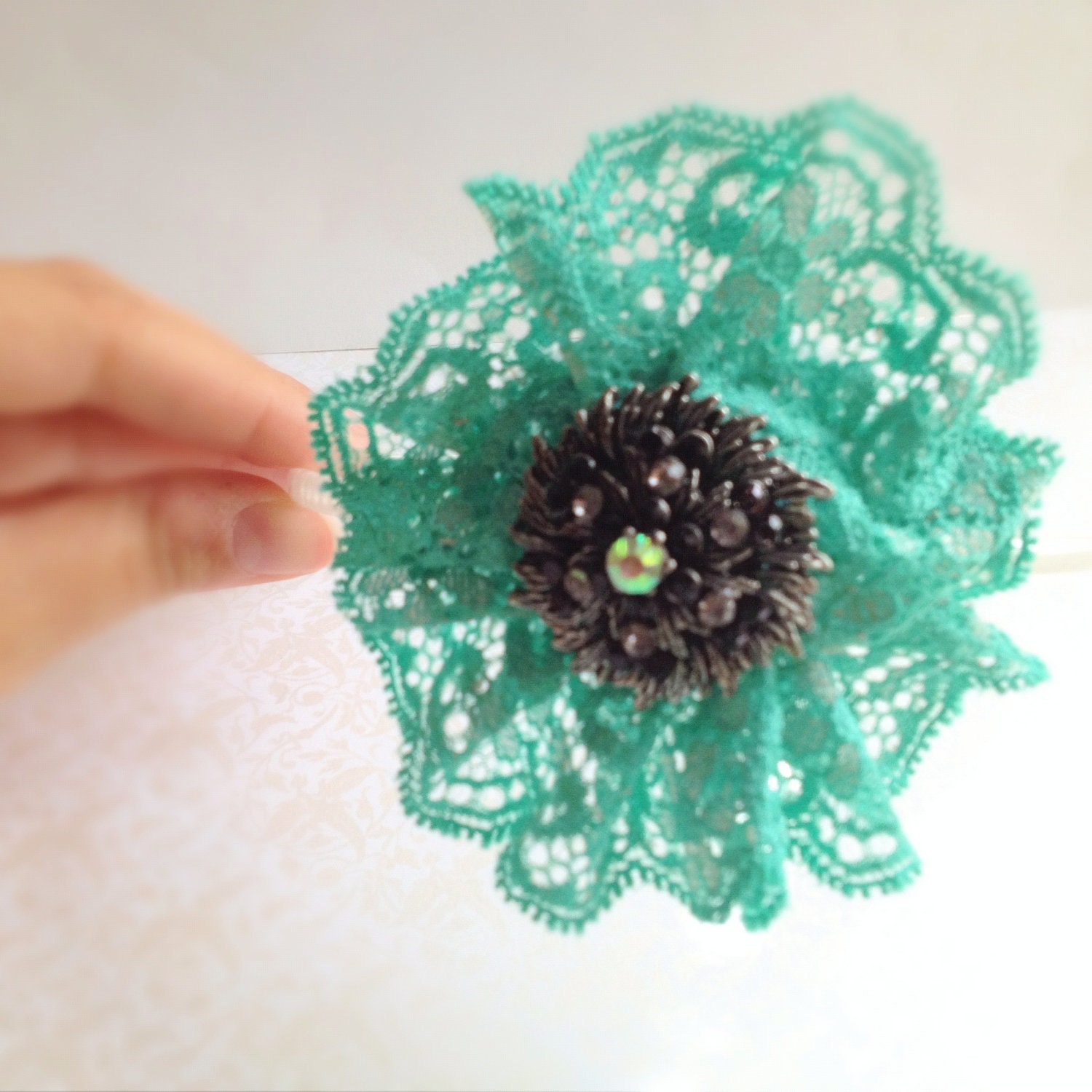 SALE- Aqua Silk Lace Headband with Rhinestone Accent. Silver. Hair Accessory. Wedding. Green. Bright. Whimsical. Round. Ruffled.