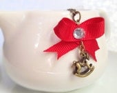 Vintage Style Rocking Horse Necklace. Red Ribbon Bow. Rhinestone. Brass. Whimsical. Miniature Horse. Valentines Day. Gifts for Her.
