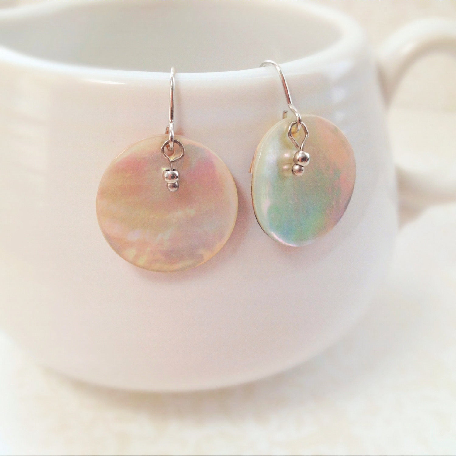 Round Seashell Earrings. Iridescent. Beach. Shell. Abalone. Nautical. Silver. Hook Earrings. Small Earrings. Elegant. Summer. Gifts for Her. - MintMarbles