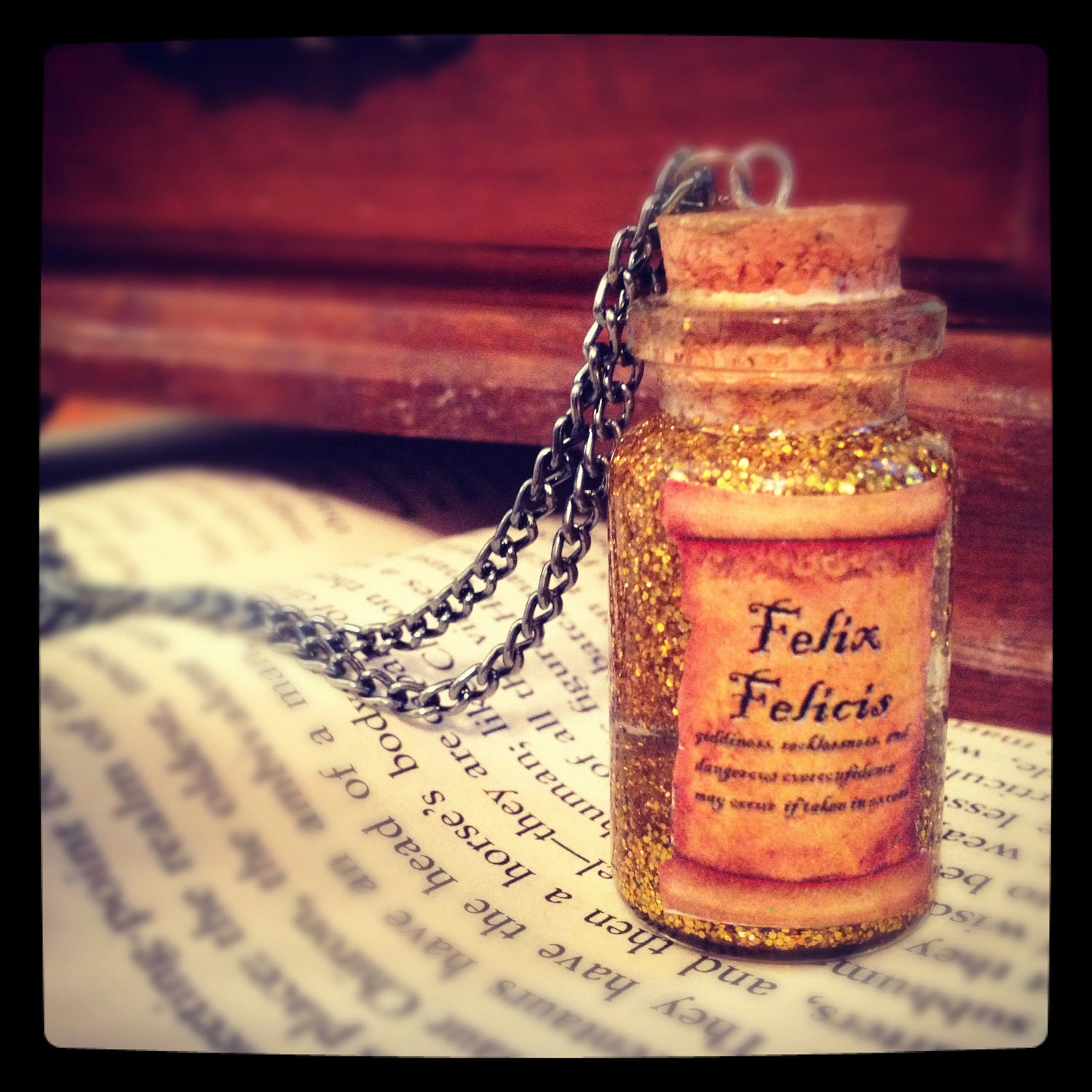 Harry Potter Inspired Felix Felicis Potion. Liquid Luck. Small Glass Bottle. Potion Bottle. Gun Metal Chain. Gold. Vintage Style. Witch.