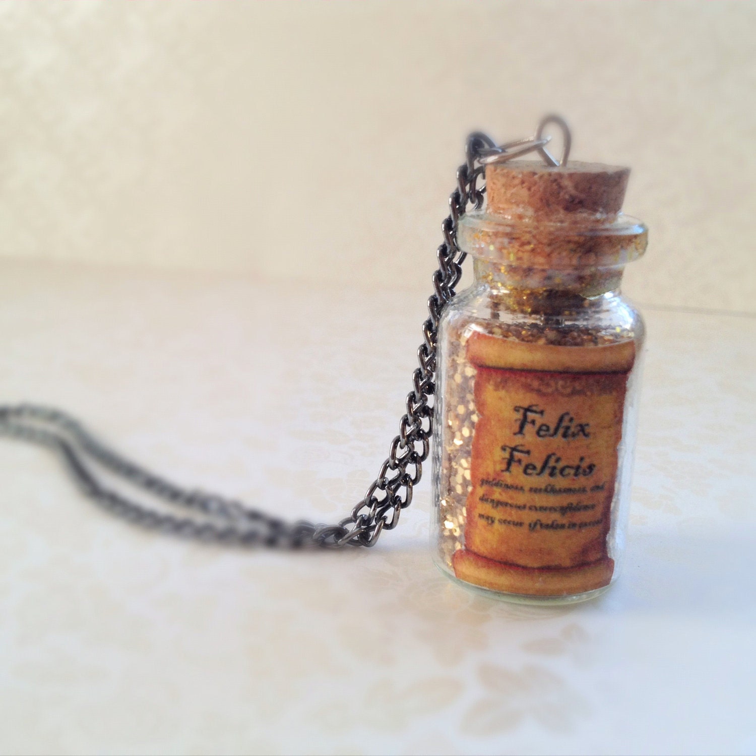 Harry Potter Inspired Felix Felicis Potion. Liquid Luck. Small Glass Bottle. Potion Bottle. Gun Metal Chain. Gold. Vintage Style. Witch.