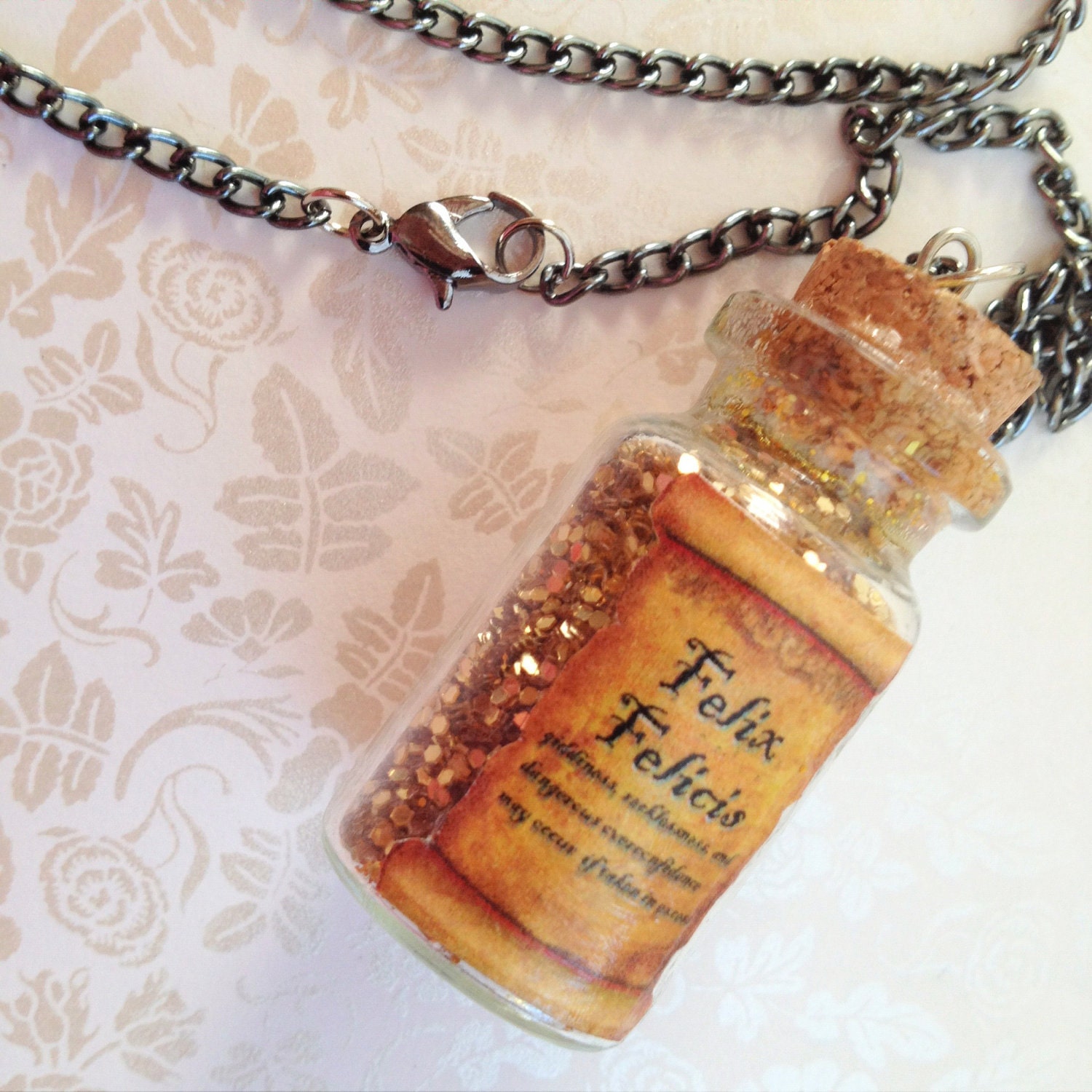 Harry Potter Inspired Felix Felicis Potion. Liquid Luck. Small Glass Bottle. Potion Bottle. Gun Metal Chain. Gold. Vintage Style. Witch.