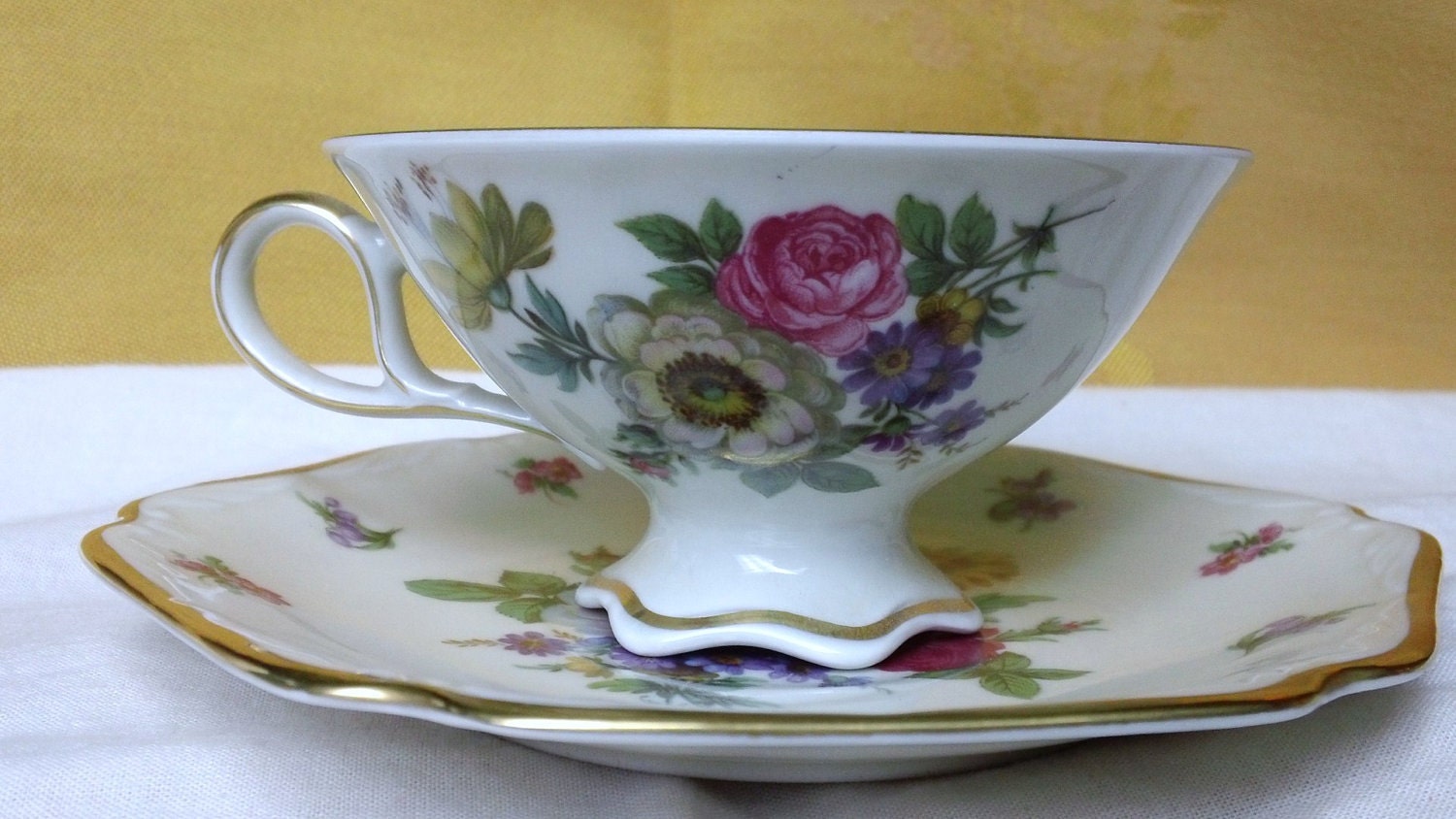 Vintage Mittereich Bavaria Germany China Tea Cup 064 and Saucer 075 Floral Pink Rose Wild Flowers Gold