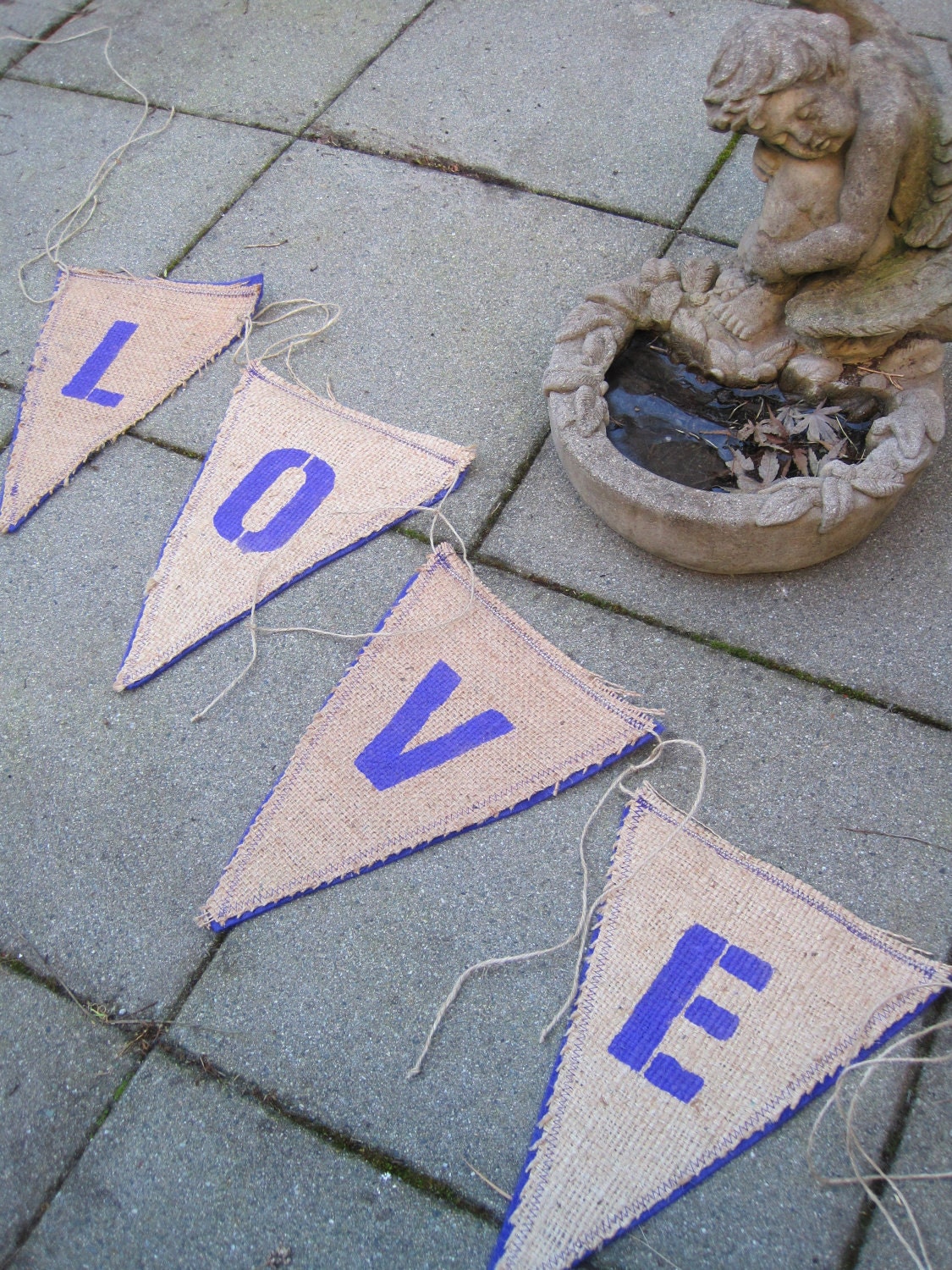 Upcycled LOVE Burlap Banner (with purple felt backing) Eco-Friendly Home or Wedding Decor
