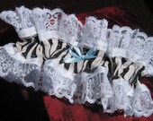 Upcycled Steampunk Clothing - Wedding Garter - Something Blue - Black & White Striped with White Lace Trim and a Mini Blue Bow
