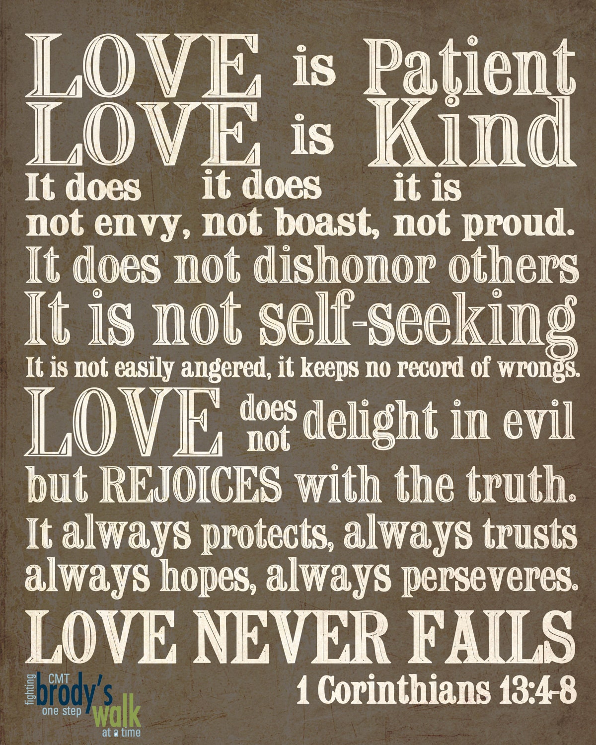 1 Corinthians 13 Subway Art. 16x20 Mounted Print. Love is Patient, Love is Kind...