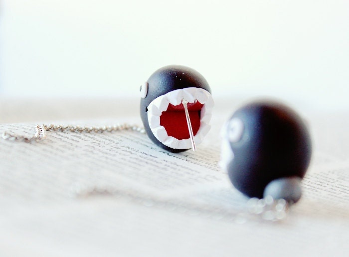 Black Ear Biting Chain Chomps Super Mario Nintendo Earrings