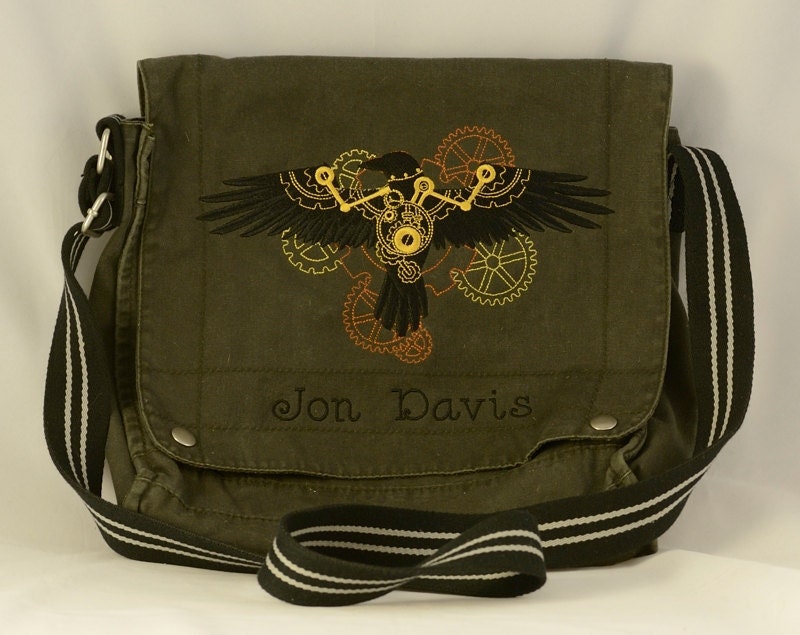 Vintage style messenger/field bag embroidered with steampunk raven design