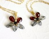 Mom and Daughter. Gemstone Flower Necklace Set, Garnet Pear, Black Rutilated Quartz Marquise, Gold-filled  Wire Wrapped and Chain. S001.